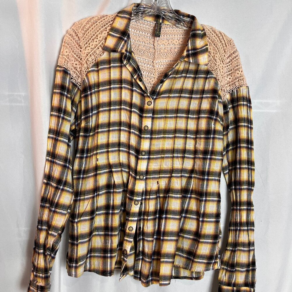 Women's Plaid/lace Free People Snap Ft Long slv shirt Size S